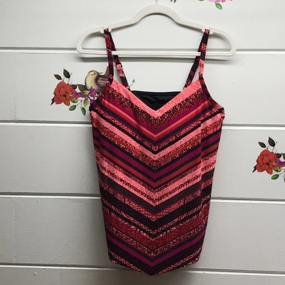 Aqua Green Pink and Black Striped V-Neck Tankini Top
